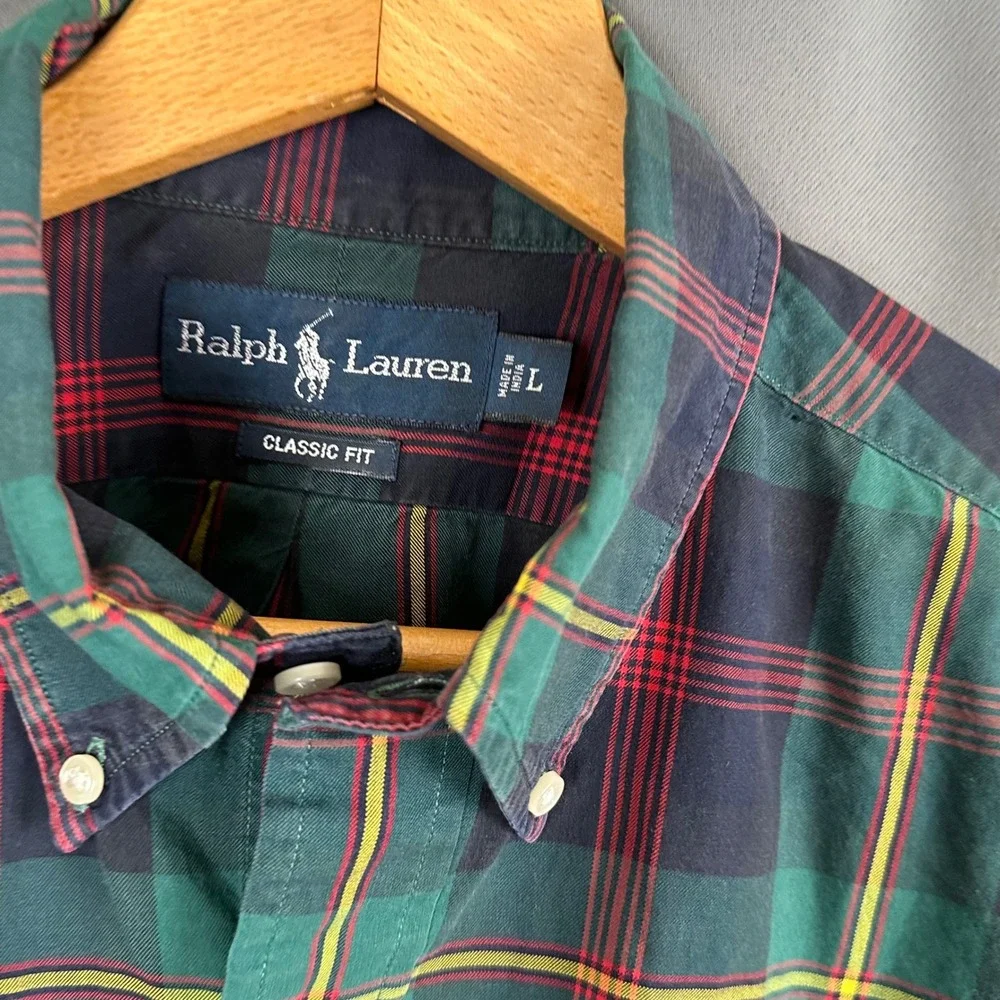 Polo Ralph Lauren Mens Large Classic Fit Plaid Button Down Shirt Green Red L